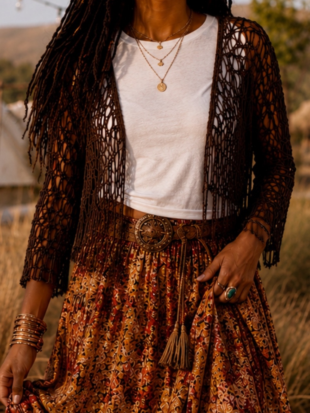 Cato Brown Crochet Fringe Cardigan with Cream Tank